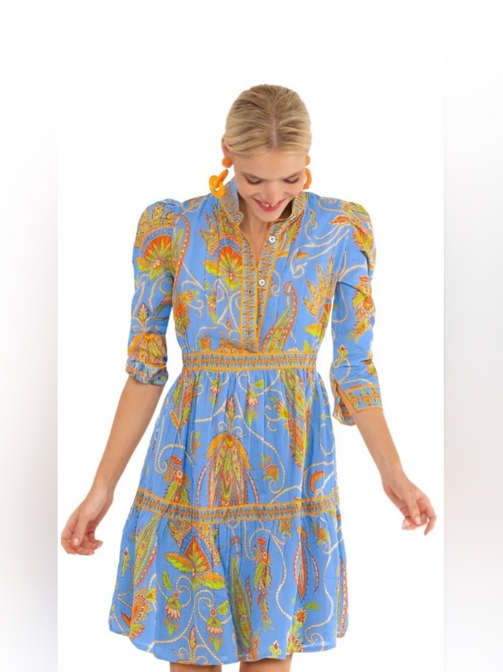 Gretchen Scott Womens Small Cotton Damsel Periwinkle 3/4 Sleeve Tiered Dress